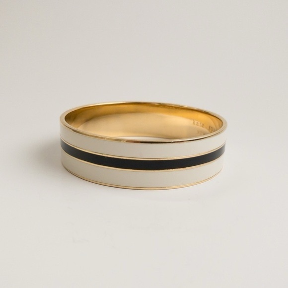 Kate Spade Enamel All Wrapped Up Bangle Cuff Bracelet Black White Enamel Gold - Picture 4 of 6